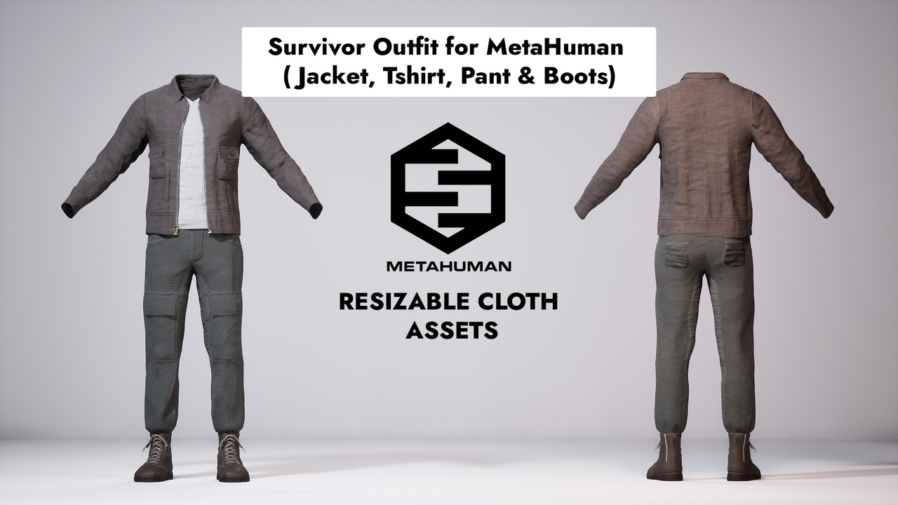 Media 1 for listing Survivor Outfit for MetaHuman (Resizable | T-Shirt, Jacket, Pants & Boots)
