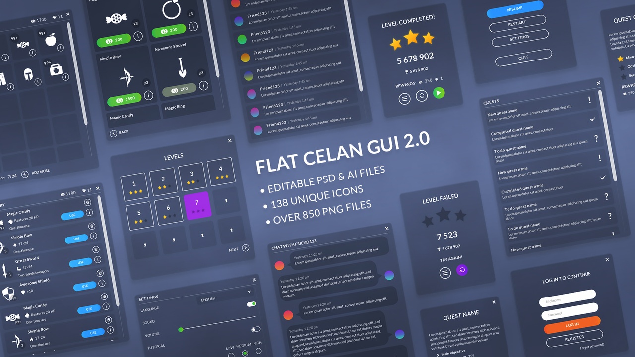 Media 1 for listing Flat clean GUI / UI KIT 2.0, for HD and 4K screens, PSD sources