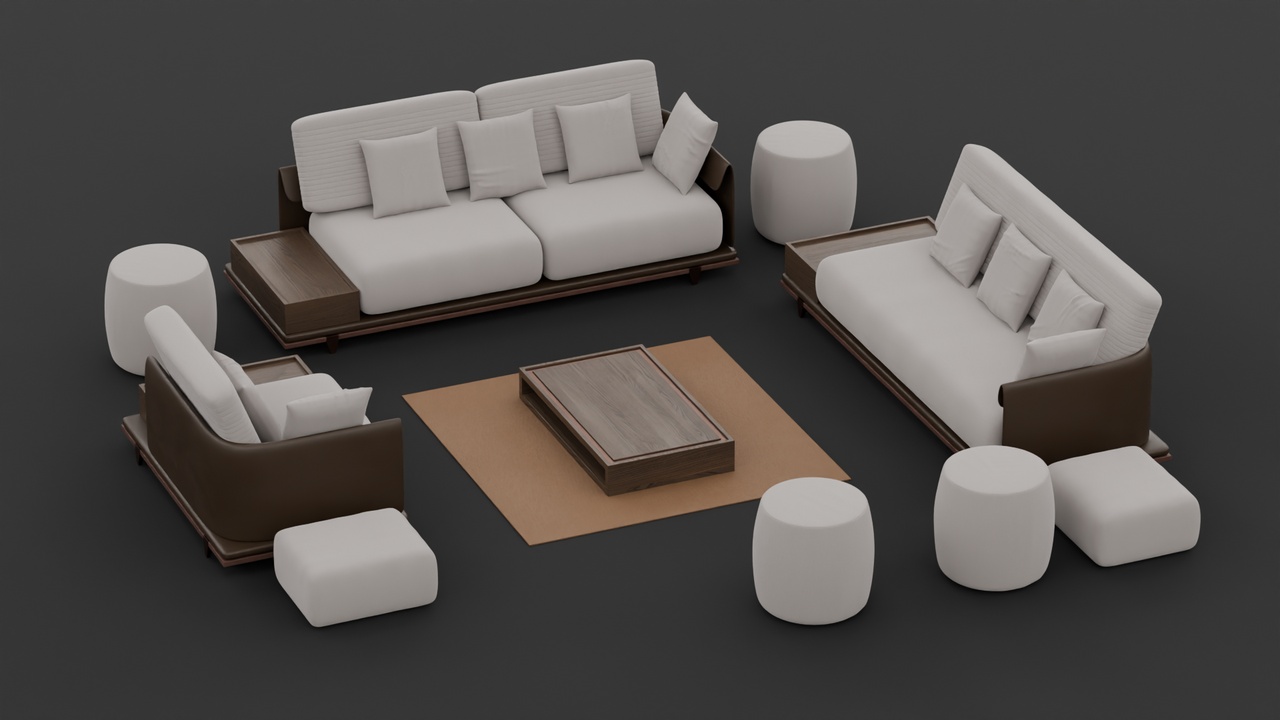 Media 1 for listing Dark Wood Sofa Set with Integrated Side Trays and Poufs