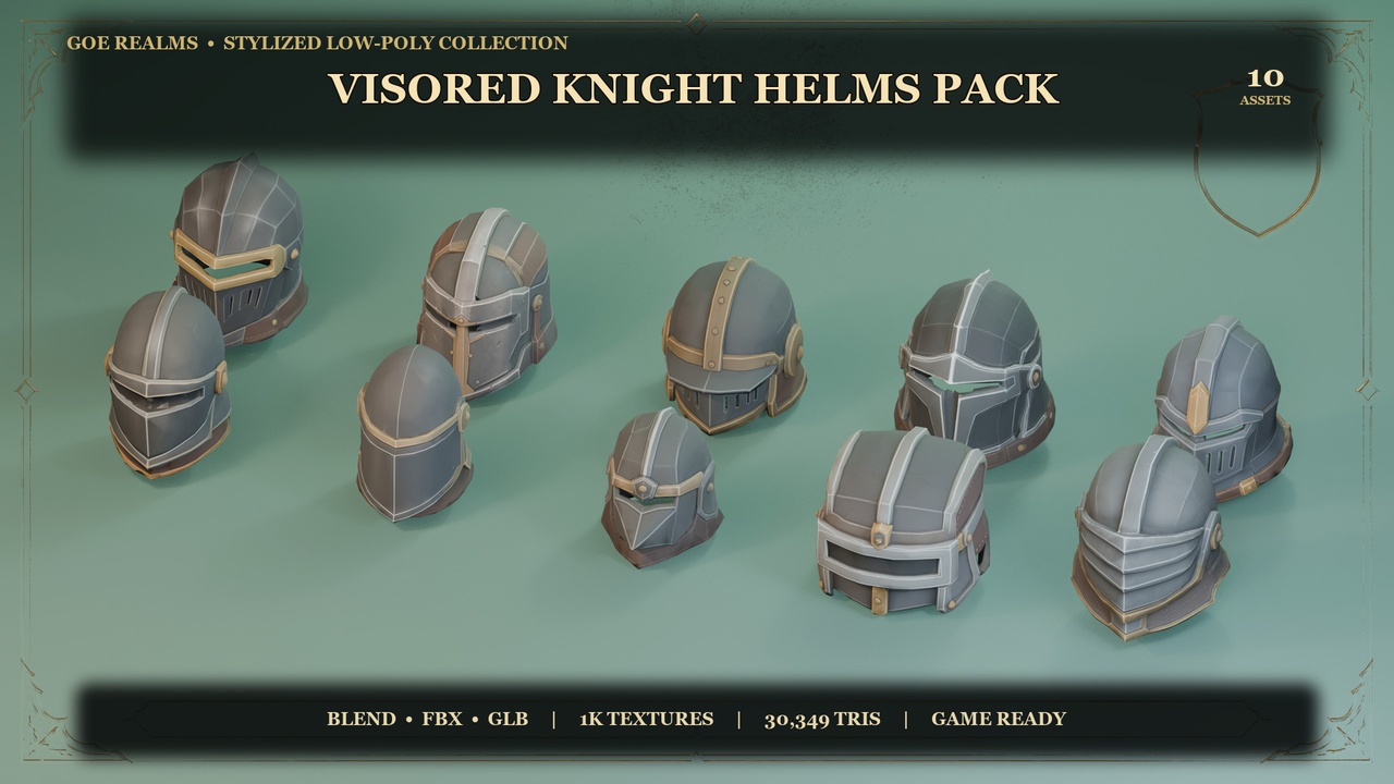 Media 1 for listing Stylized Visored Knight Helms Pack – 10 Hand-Painted Props