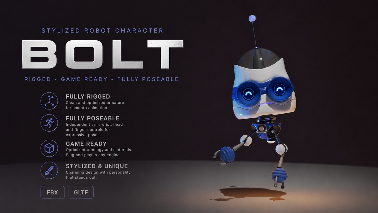 Media 1 for listing Bolt β Stylized Rigged Robot Character π€