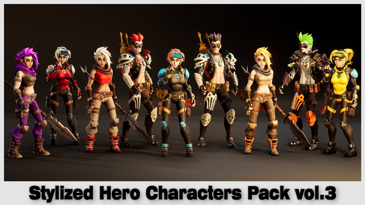 Stylized Hero Characters Pack vol.3 – 3 Game-Ready Heroes (9 Skins) | Fab
