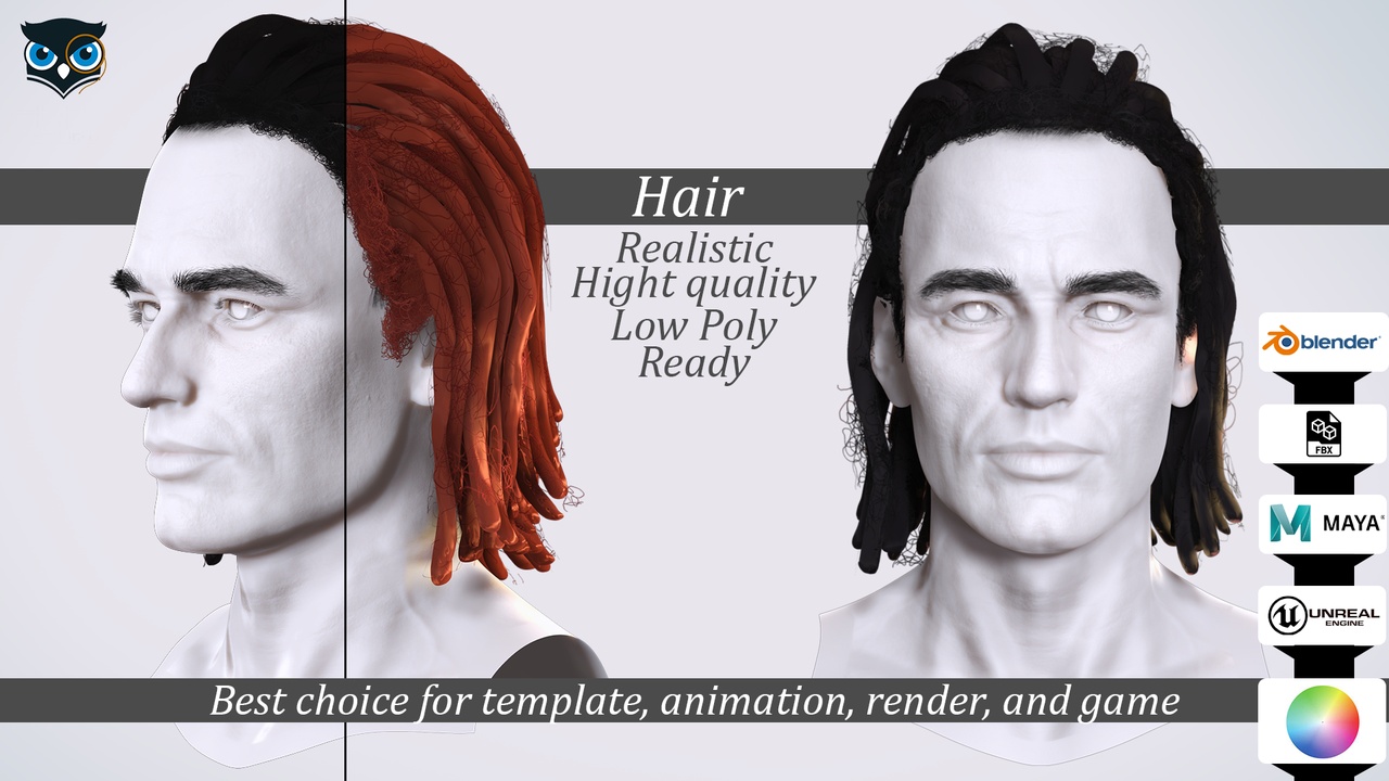 Medium Dreadlocks Hair -Realistic Male 3D Model 제품 등록을 위한 미디어 1개