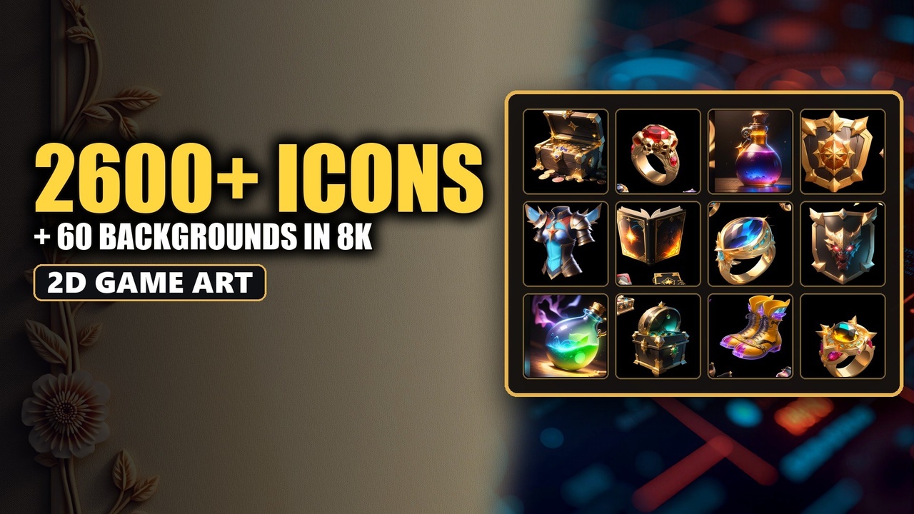 Media 1 for listing 2D Game Art Bundle - 2600+ Fantasy Icons, Old Paper & Futuristic 8K Backgrounds