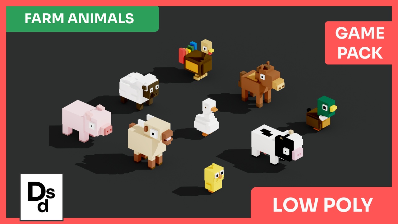 Media 1 for listing π π·Low Poly Blocky Animals β Farm Pack | 9 Characters