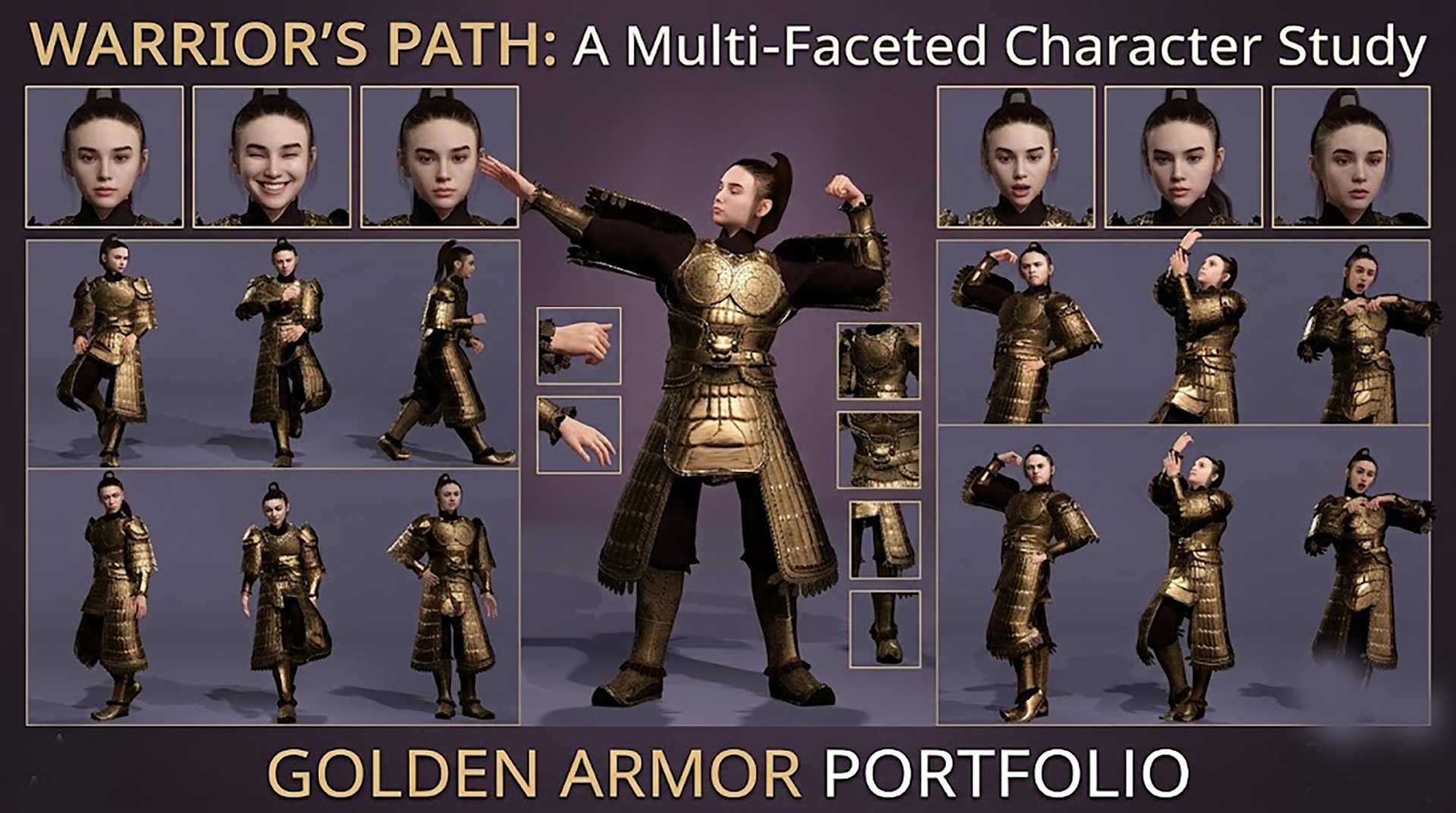 Media 1 for listing Rigged Asian Female Warrior in Golden Armor 3D Character完整绑  定东亚古代金色铠甲女战士 3D 角色模型