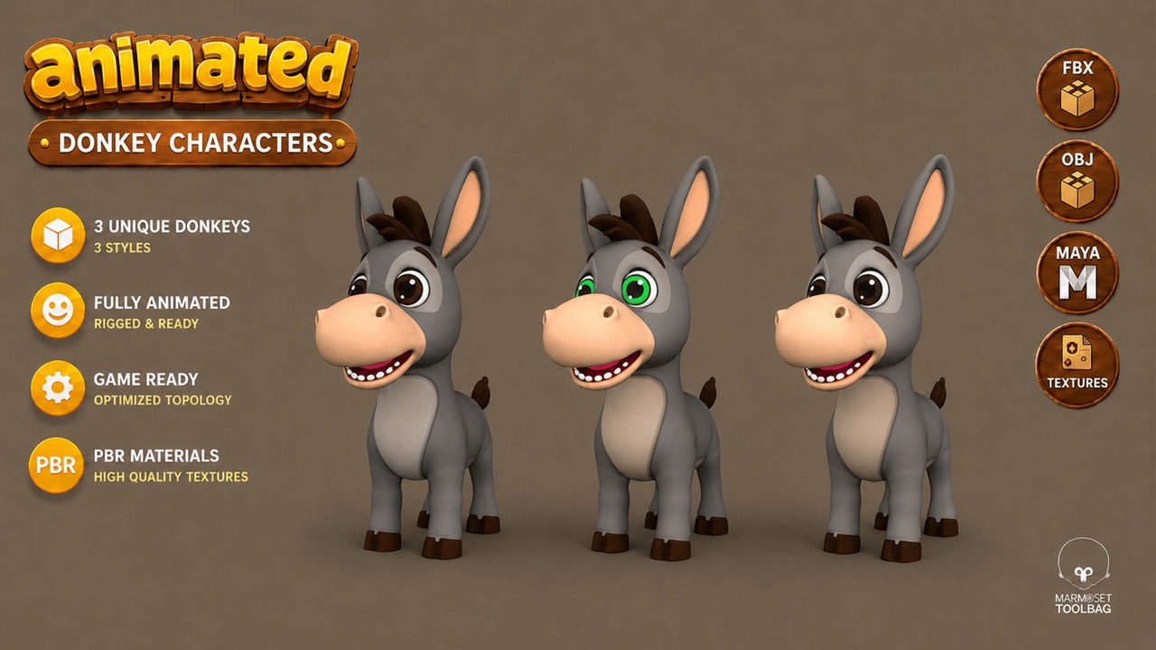 Media 1 for listing Animated Grey Farm Donkey Game Ready Low-poly 3D model