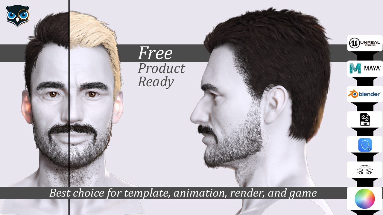 الوسائط 1 للقائمة Realistic 3D Male Hair Beard Mustache Game CGI Ready