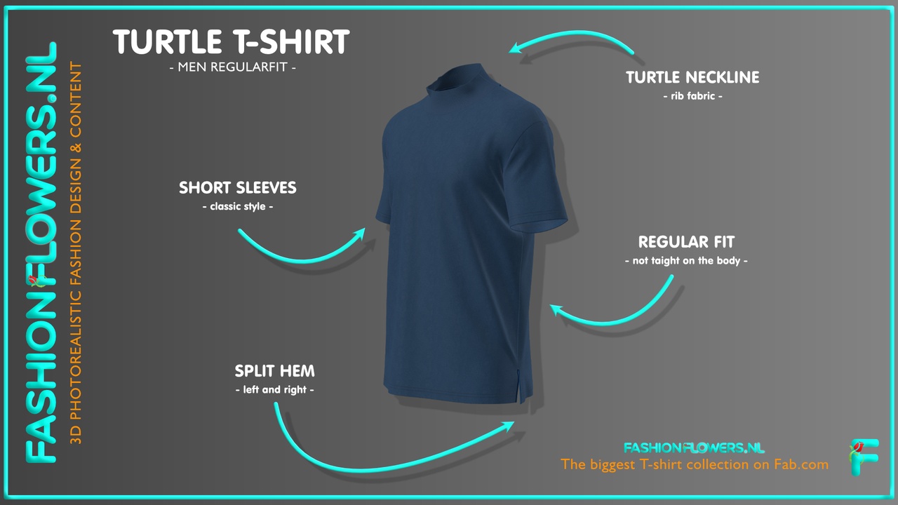 Media 1 for listing Blue Colour Half Turtleneck T-shirt | Short Sleeves | Side Seam Splits Tshirt