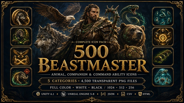 500 Beastmaster & Tamer Animal, Companion & Command Ability Icons — Cobalt Game Assets