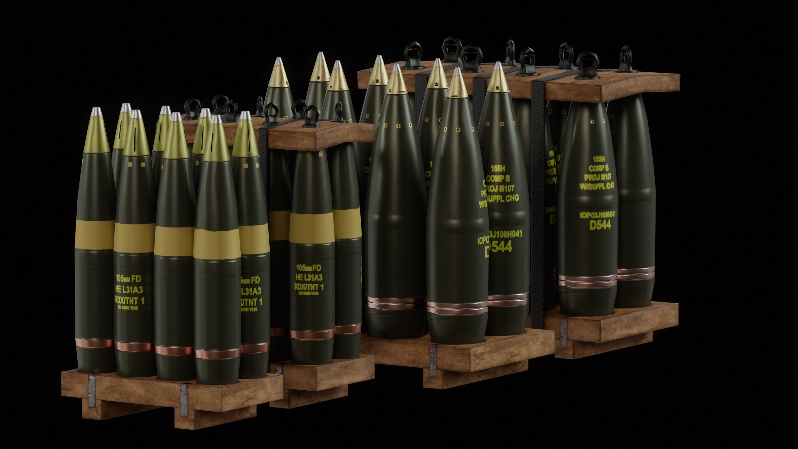 Media 1 for listing Heavy Artillery Shells Ammo Pallet Crates Military Munitions Prop 105mm 155mm