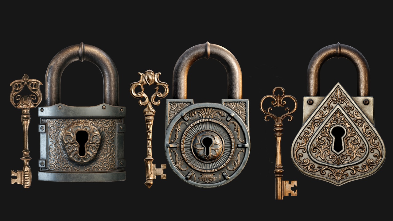 Media 1 for listing Fantasy Padlock Set – 3 Stylized Locks with Unique Keys | Game-Ready