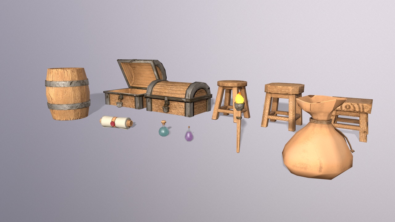 Media 1 for listing Stylized Potion Room Props Pack | 11 Low-Poly Assets (Chairs, Barrel)