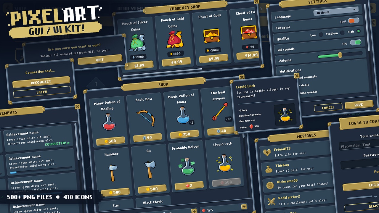Pixel Art GUI / UI complete Kit - RPG pack + icons + psd, ai sources | Fab