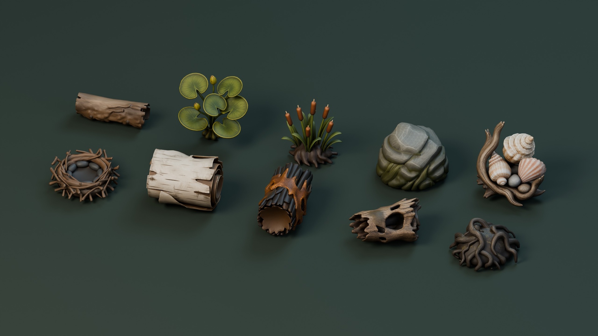 Media 1 for listing Stylized Marsh & Woodland Props Pack – 10 Models