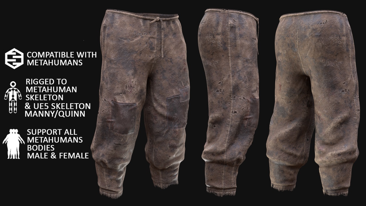 Media 1 for listing Medieval Peasant Pants Metahuman 3D model 107 - MH & UE5 Skeletons - Rigged