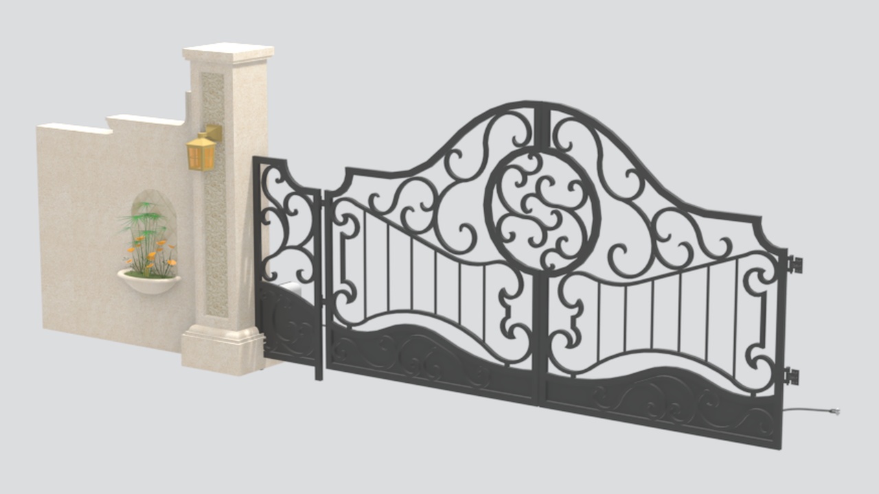 Media 1 for listing Ornate Iron Double Gate with Curved Top and Side Panels 3D Model