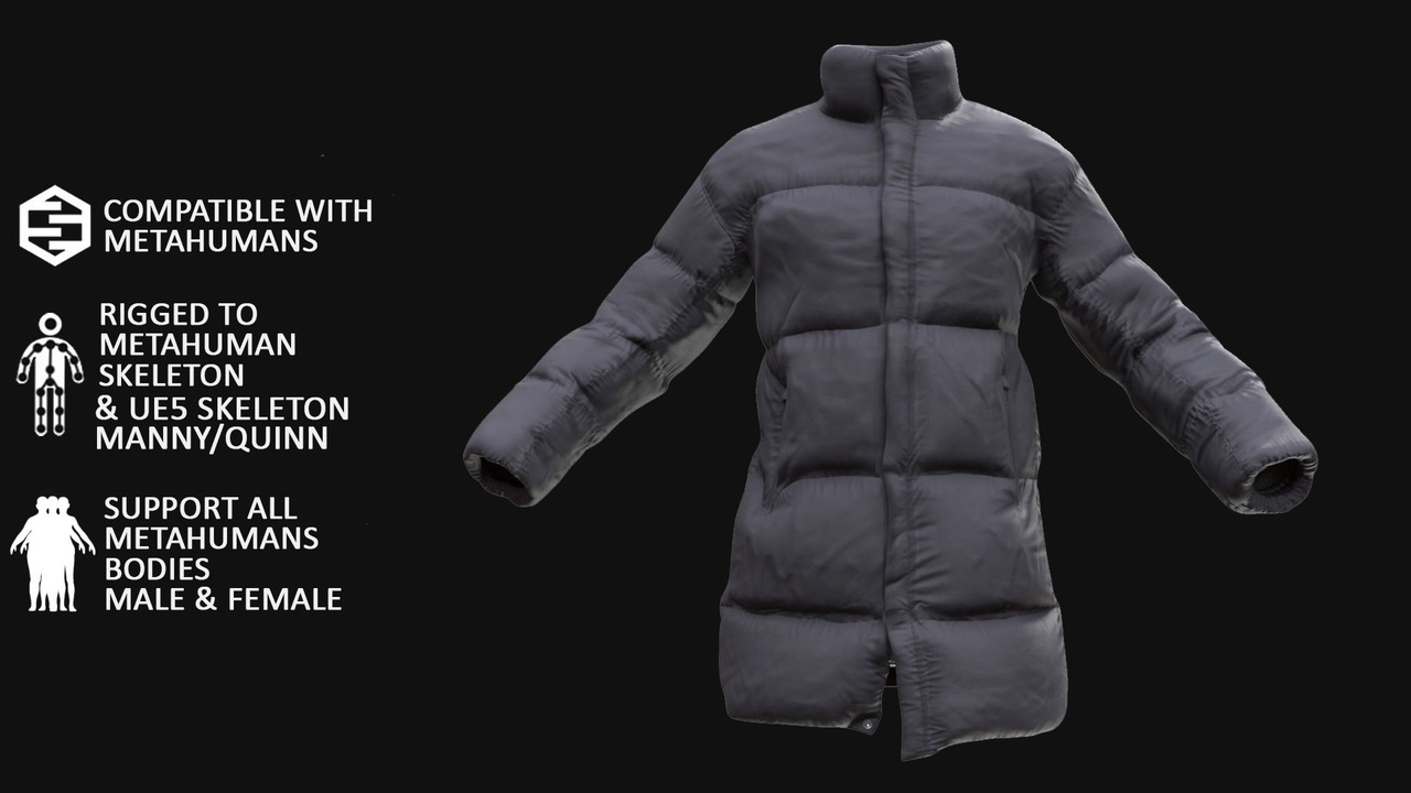 Media 1 for listing Puffer Jacket Metahuman 3D model 40 - MH & UE5 Skeletons - Rigged