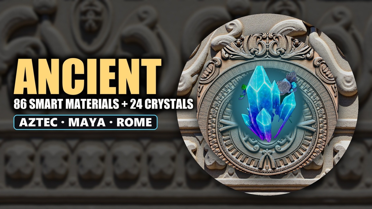 Media 1 for listing Ancient Smart Materials Bundle - Aztec, Maya & Roman PBR + Glowing Crystals
