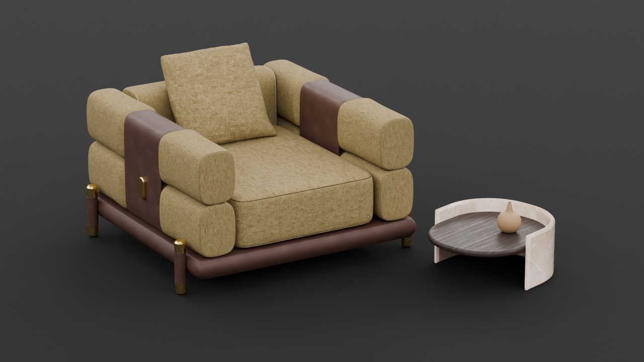 Media 1 for listing Contemporary Upholstered Armchair with Leather Accents & Low Coffee Table