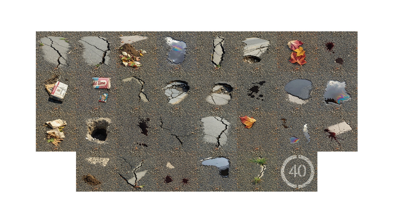 Media 1 for listing 110 seamless textures: Asphalt Road Texture Kit – Cracks, Potholes & Markings