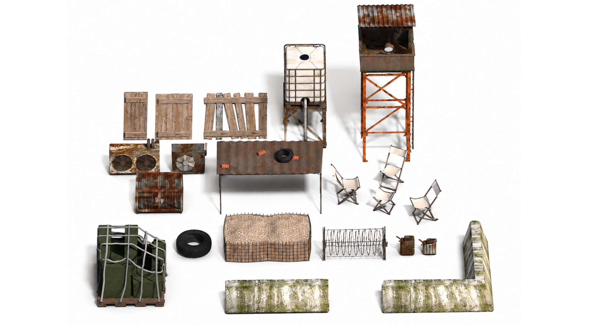 Media 1 for listing Post-Apocalyptic Outpost Pack: Guard Tower, Water Tank, Barriers, Crates & Props