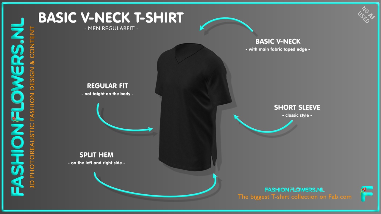 Media 1 for listing Black Colour V-Neck Side Splits T-shirt | Short Sleeve Vneck Shirt | Tape Neck