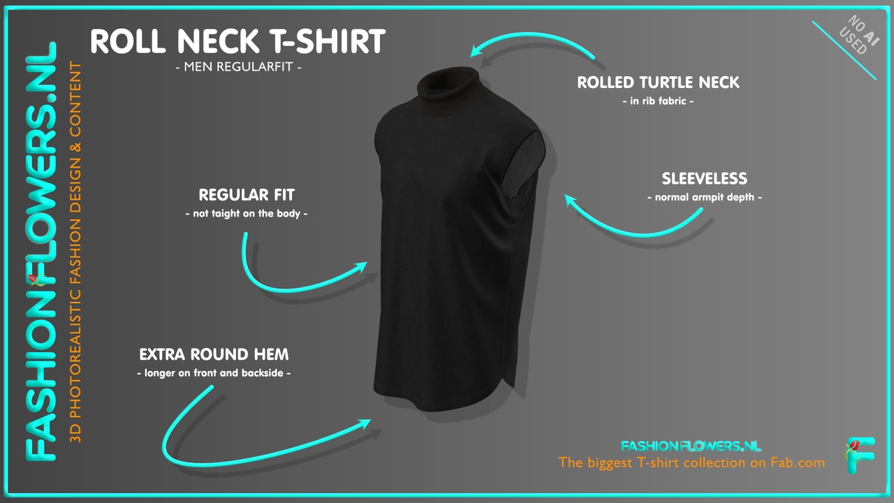 Media 1 for listing Black Colour Roll Neck T-shirt Sleeveless | Extra Round Underside | Turtle Neck