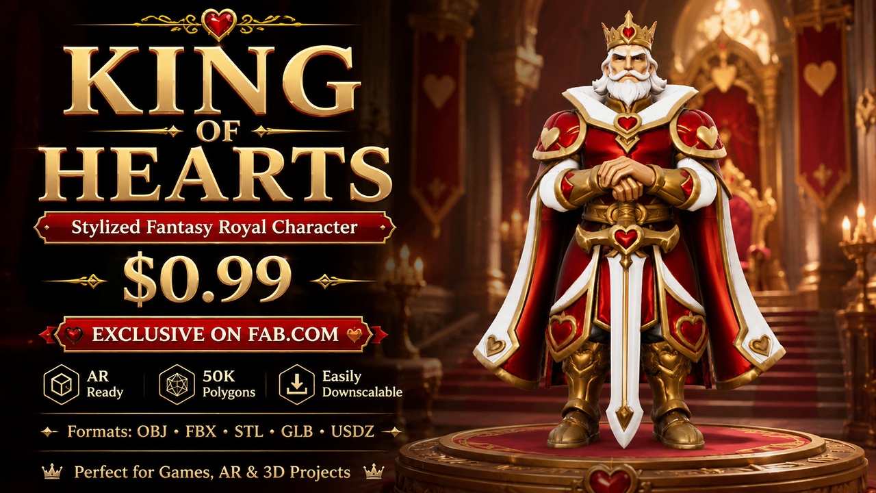 Media 1 for listing King of Hearts | Statuet | Stylized Fantasy Royal Character | AR Ready