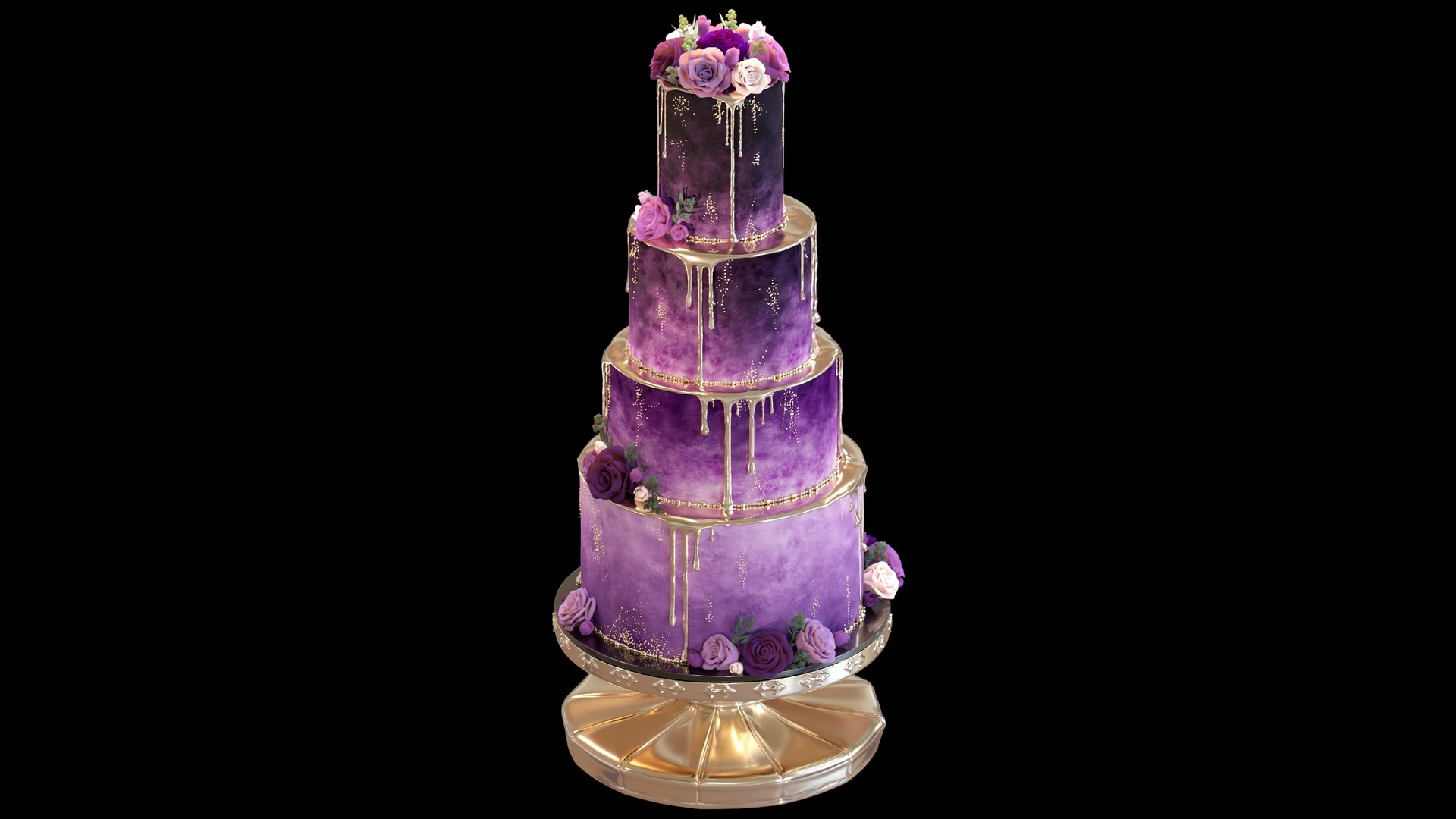 Media 1 for listing Luxury Wedding Cake High-Poly 3D Model | Tiered, Floral, Purple & Gold