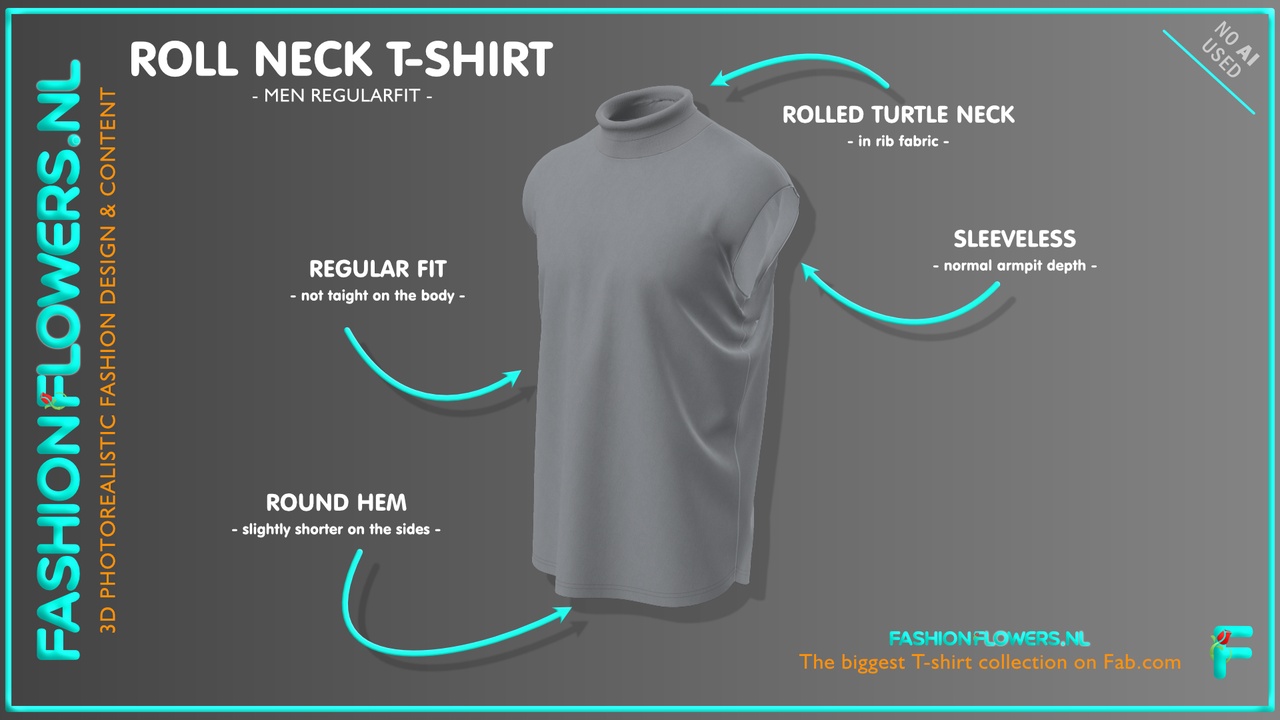Media 1 for listing Gray Colour Roll Neck T-shirt Without Sleeves | Rounded Hem | Turtle Neck Shirt