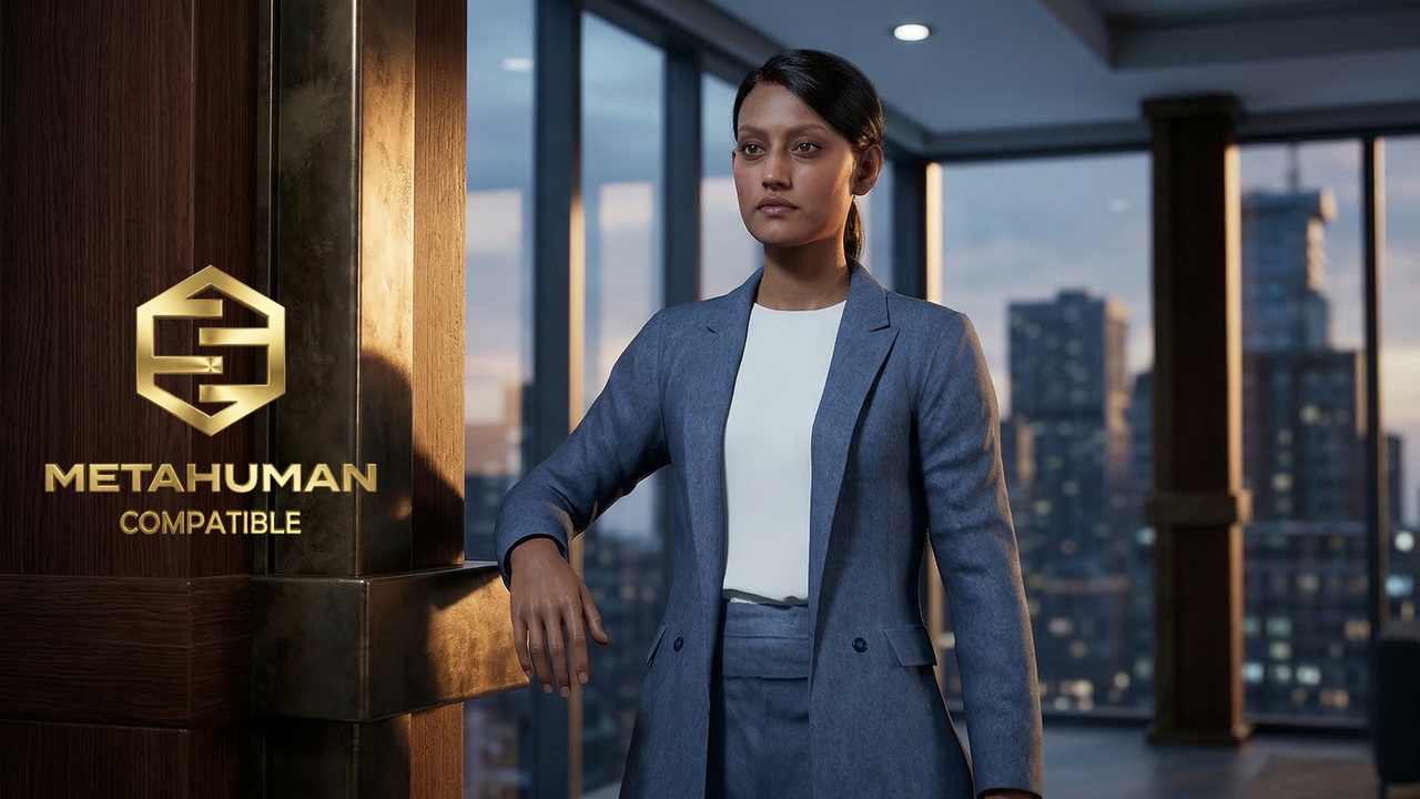 Media 1 for listing Tailored Blue Blazer Suit Set with Blouse Modern Corporate Office Attire