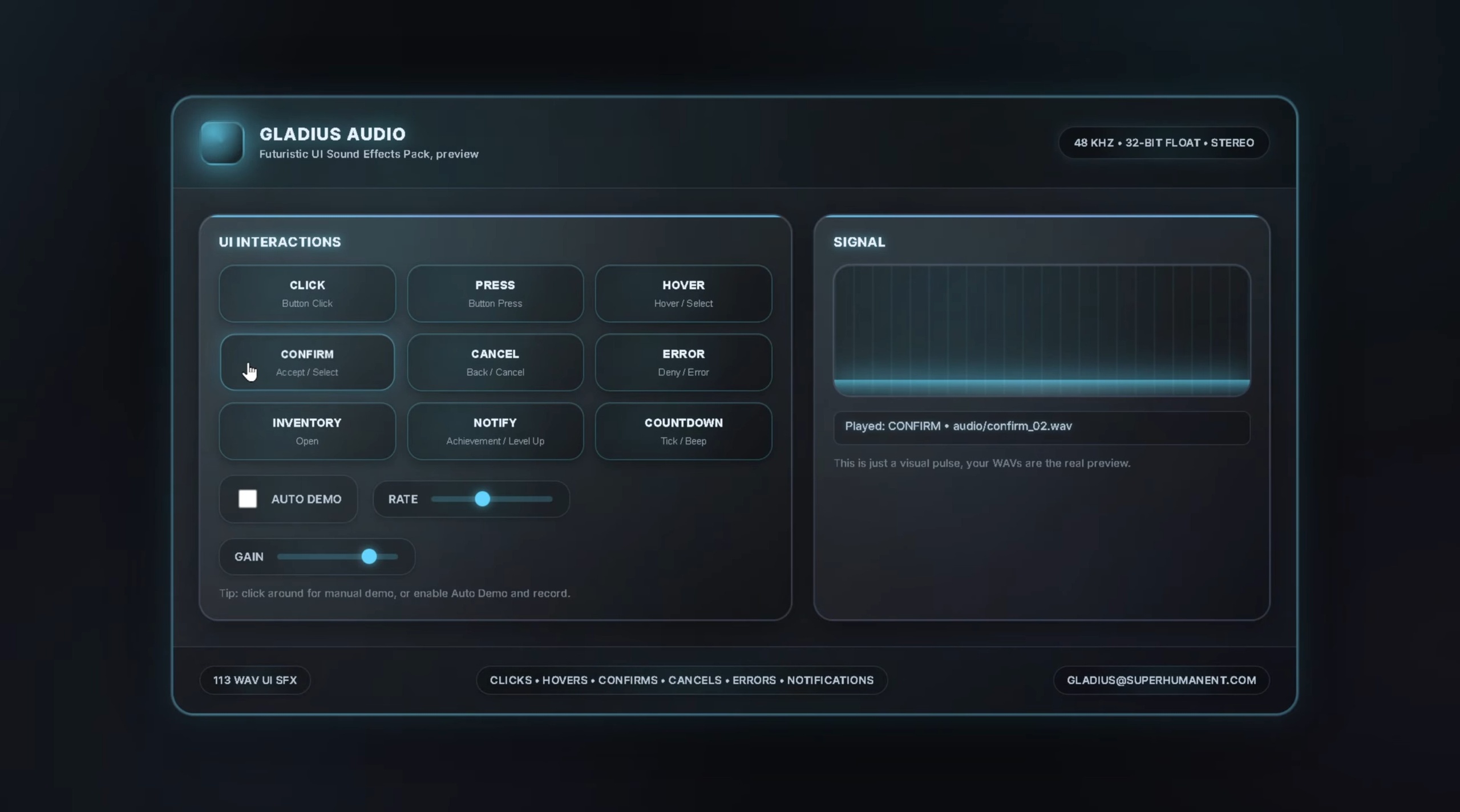 Media 1 for listing [NEW] Futuristic UI Sound Effects Pack (113 WAV UI SFX), by GLADIUS AUDIO