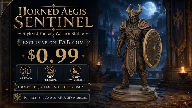 Horned Aegis Sentinel | Stylized Fantasy Warrior Statue | AR Ready — Cobalt Game Assets
