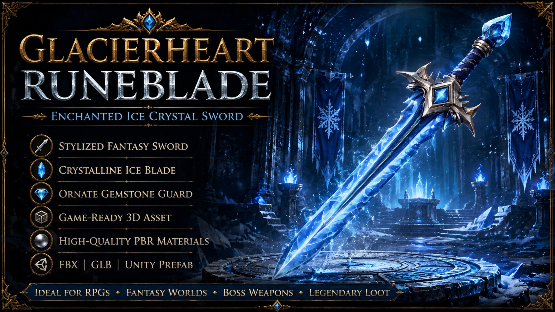Media 1 for listing Glacierheart Runeblade – Enchanted Ice Crystal Sword