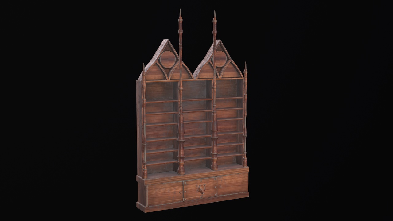 Media 1 for listing Stylized Gothic Bookshelf 3 – Game Ready Wooden Shelf