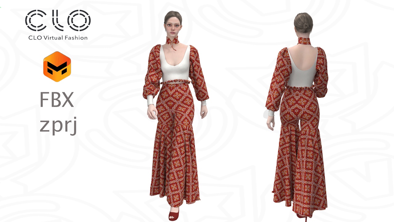 Media 1 for listing Crimson Royal Mosaic Ensemble– CLO 3D / Marvelous Designer Project (ZPRJ + FBX)