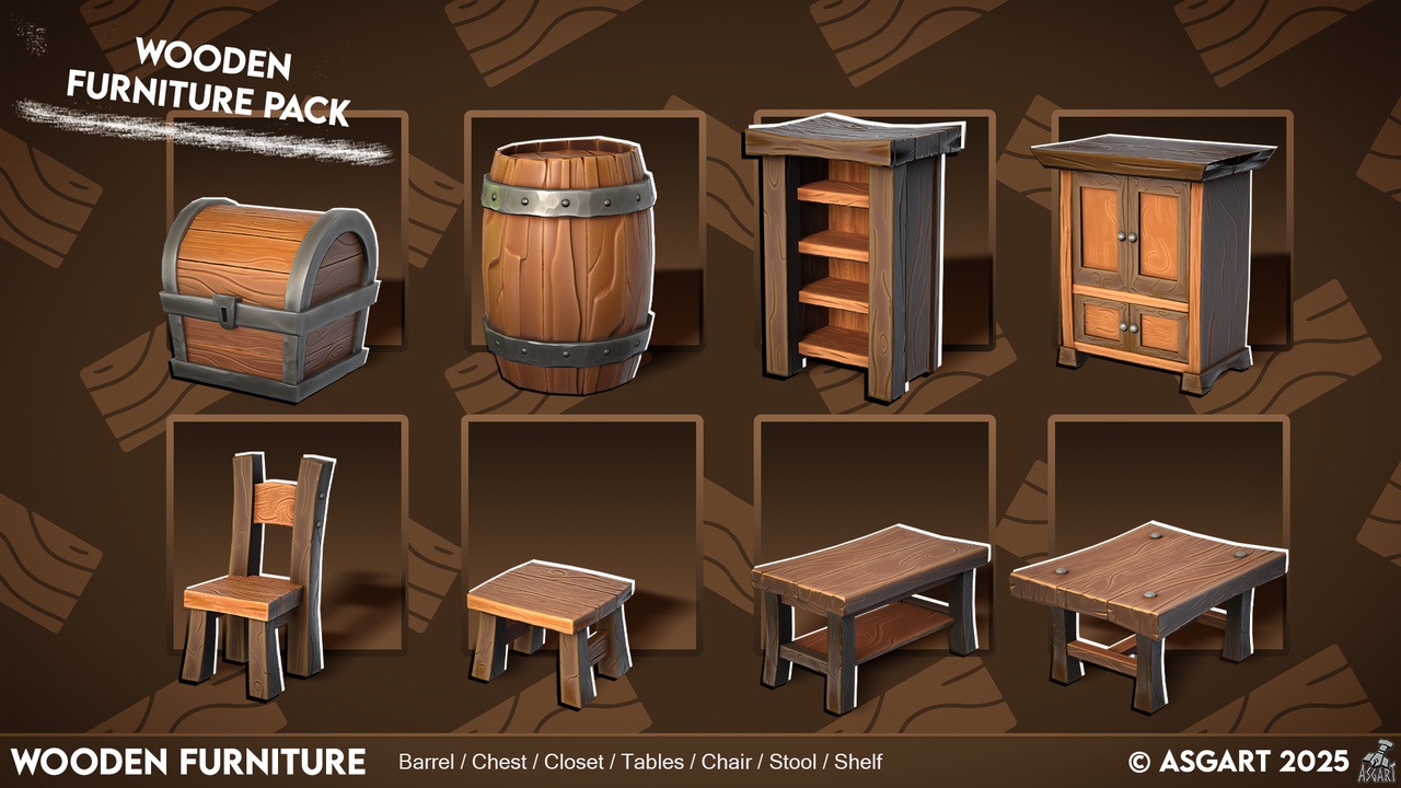 Media 1 for listing Stylized Wooden Furniture Pack - 3D Lowpoly Assets