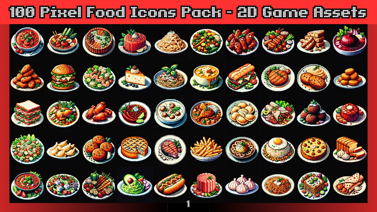 Media 1 for listing 100 Pixel Food Icons Pack - 2D Game Assets