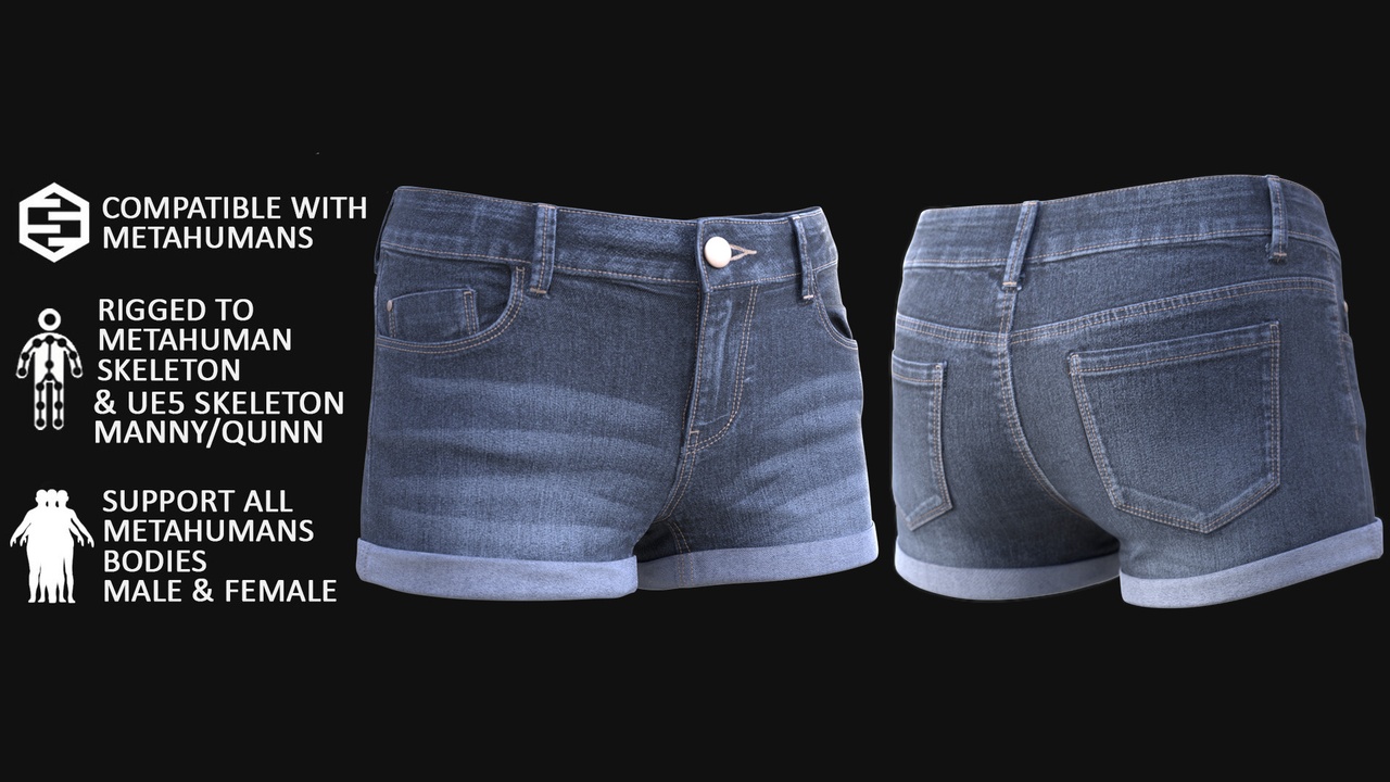 Media 1 for listing Denim Shorts Metahuman 3D model 84 - MH & UE5 Skeletons - Rigged