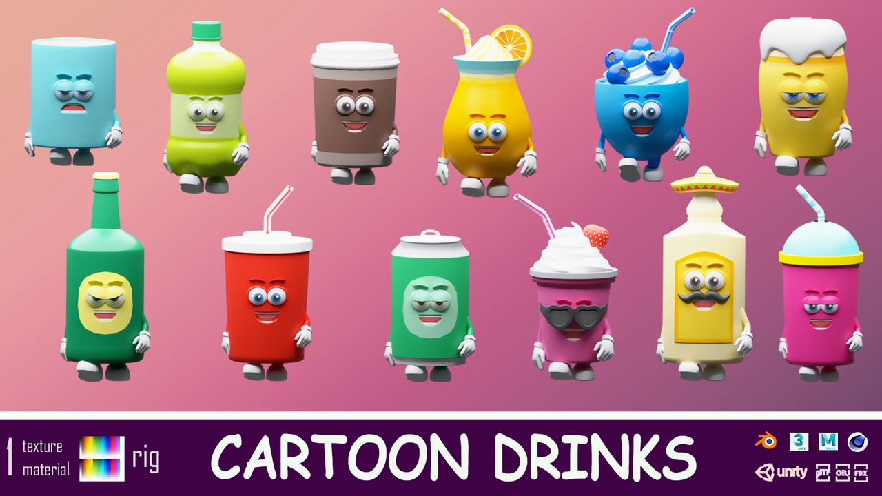 Cartoon characters drinks - Low-poly asset pack 제품 등록을 위한 미디어 1개