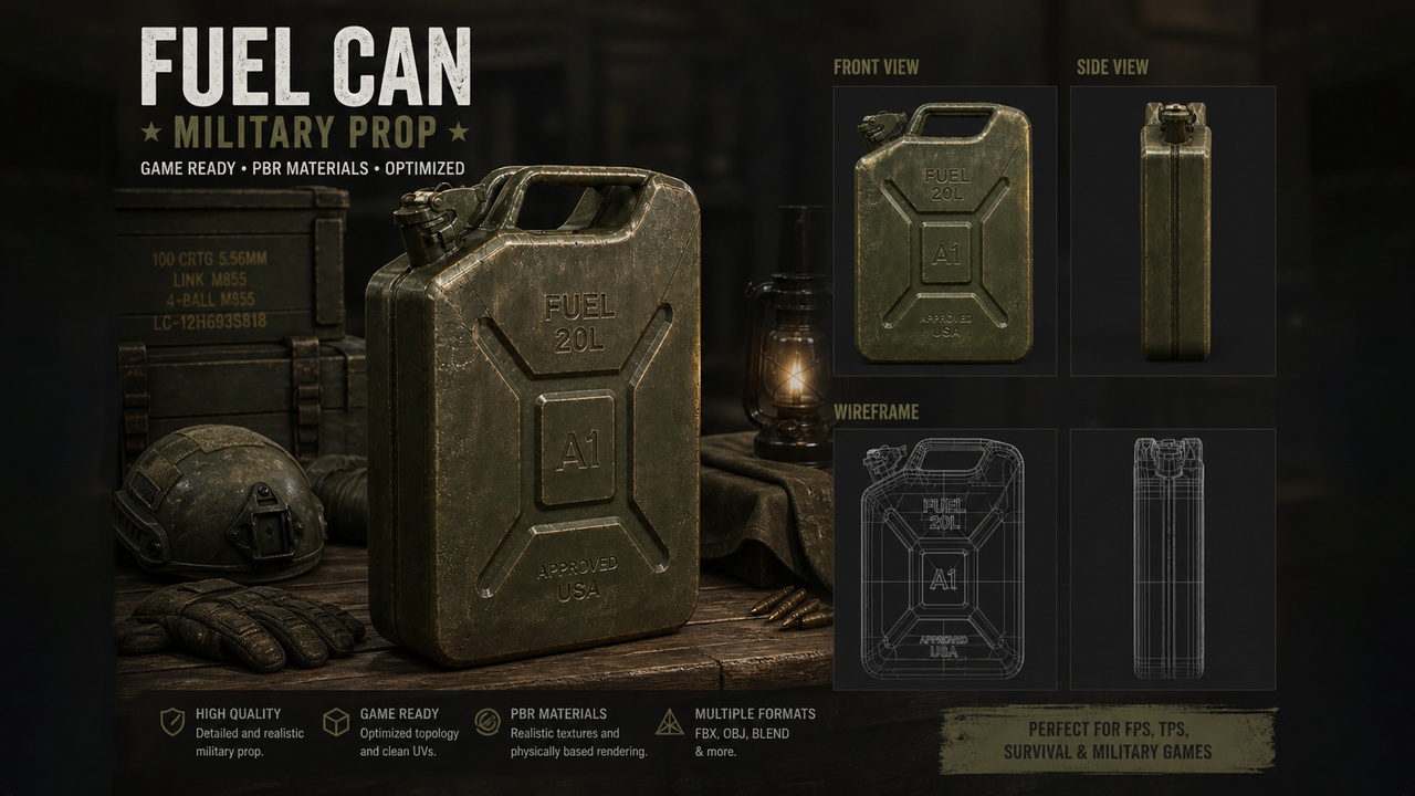 Media 1 for listing Military Fuel Can 3D Model – Tactical Jerry Can – Game Ready PBR Asset