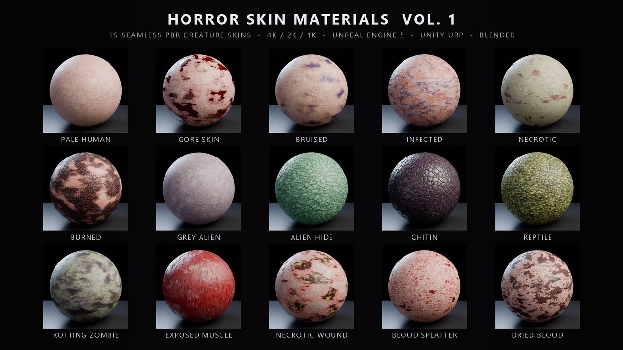 Media 1 for listing Horror Skin Materials Vol.1 - 15 Seamless PBR Creature Skins (4K)