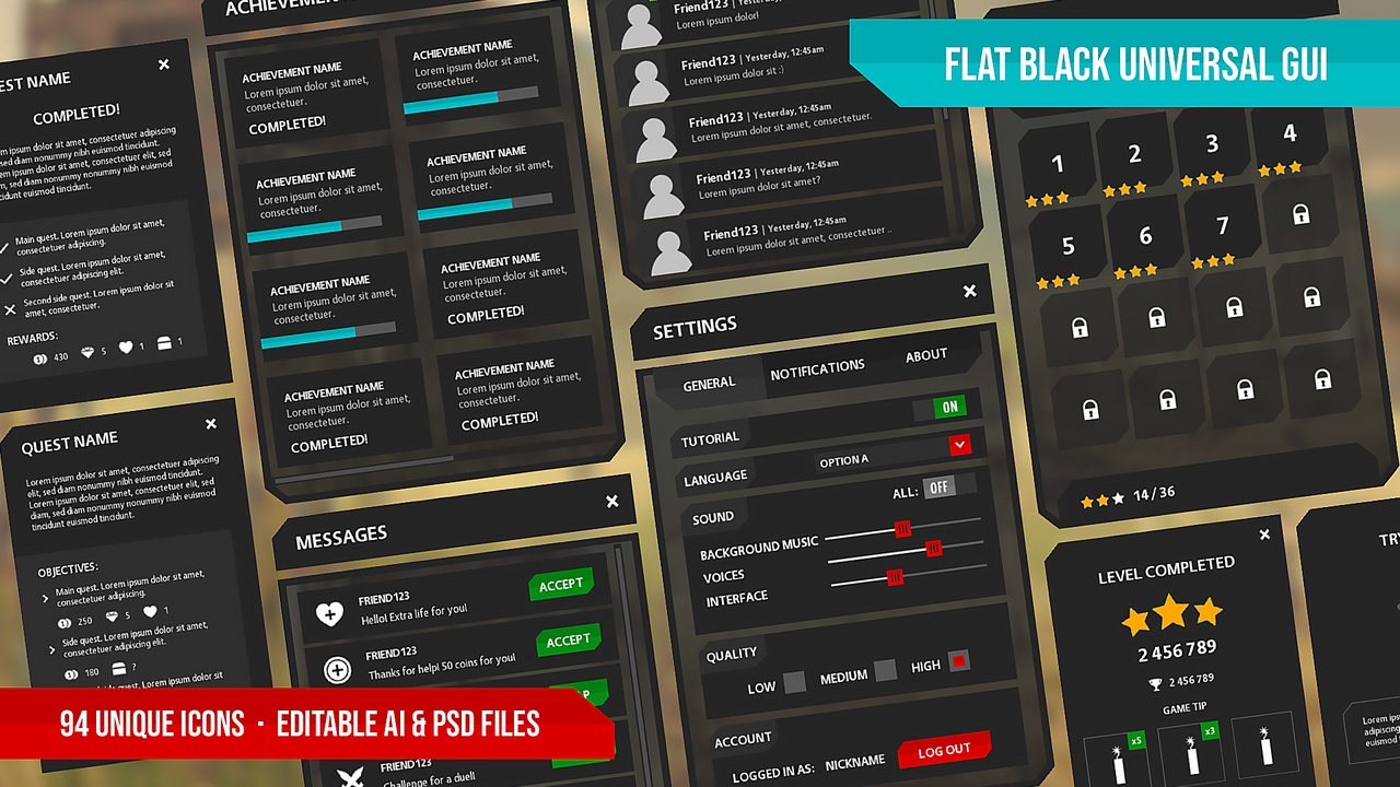 Media 1 for listing Flat Black Universal GUI / UI Kit + 474 PNG files  + PSD / AI source files