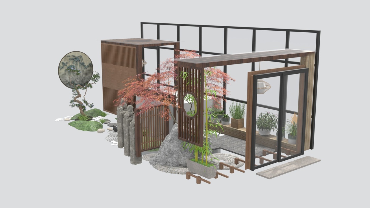 Media 1 for listing Courtyard Zen Garden Landscape with Red Maple Bamboo and Stone 3D Model