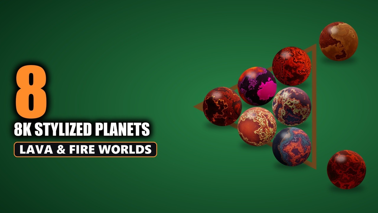 Media 1 for listing Stylized Lava Planets Bundle - 8 Red & Fire Worlds with 8K Textures