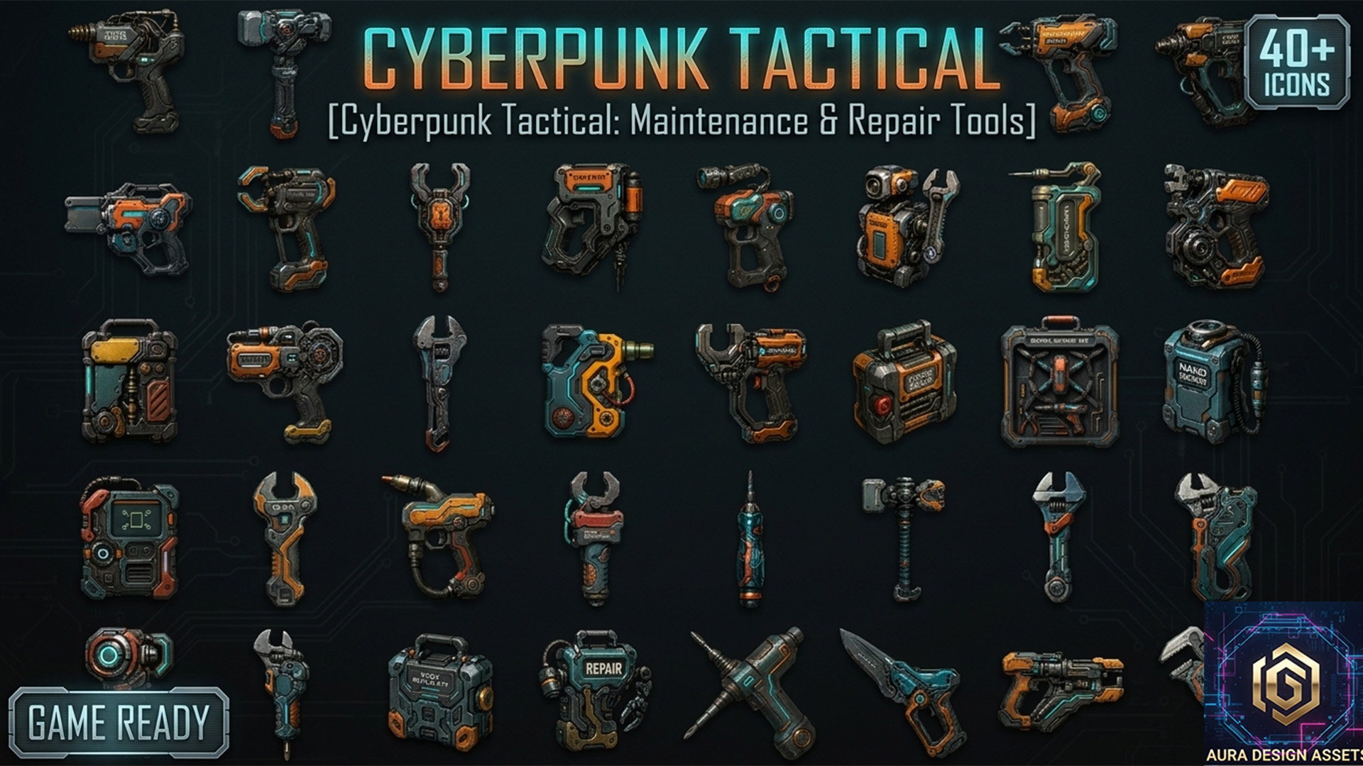Cyberpunk Tactical: Maintenance & Repair Tools — 40 High-Detail Icons | Fab