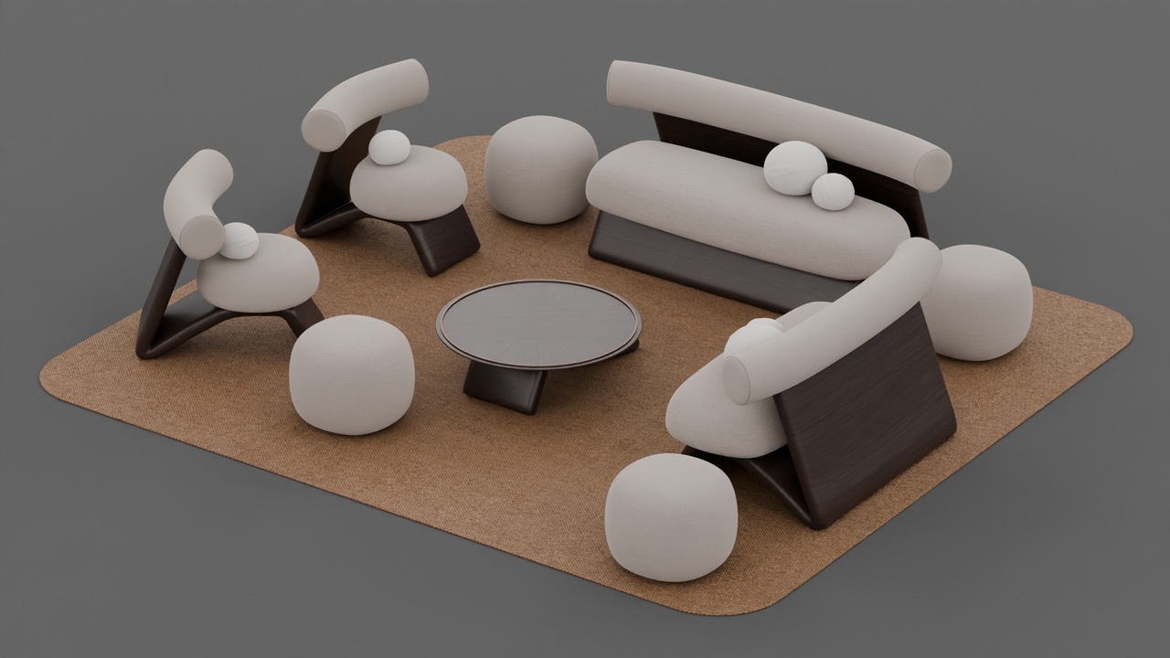 Media 1 for listing Avant-Garde Off-White Sofa Set Furniture with Dark Wood Legs and Spherical Pouf
