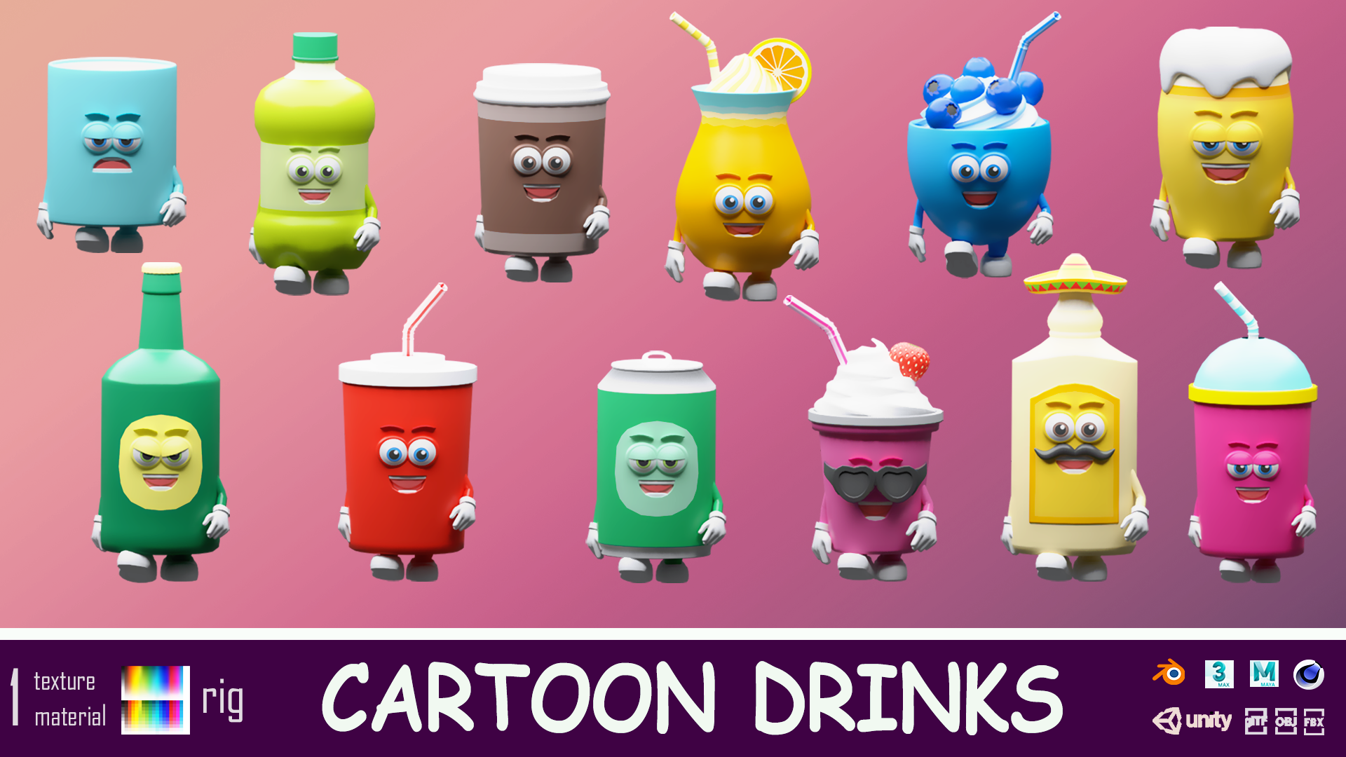 Cartoon characters drinks - Low-poly asset pack | Fab