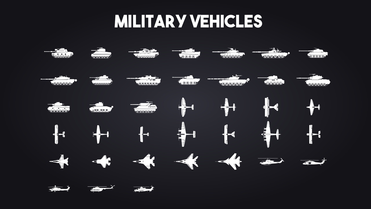 Media 1 for listing Military Vehicles&Aircrafts Icon Package (Tanks, Trucks, Aircrafts, Helicopters)